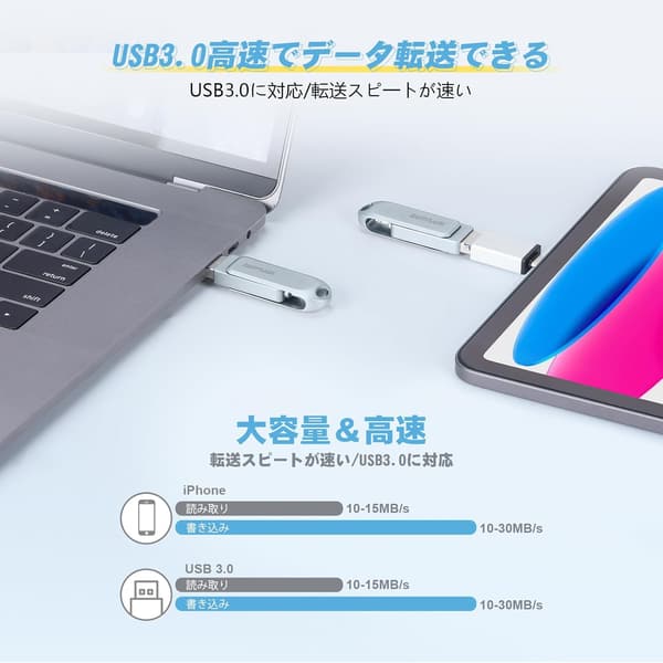 MFi認証 USBメモリー Lightning/type-C対応 128GB/256GB/iPhone/iPad兼用