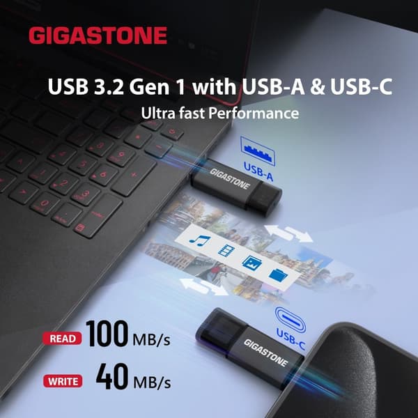 GIGASTONE 16GB デュアル USBメモリ Z40 - USB Type-A & Type-C, 超高速100MB/s, 保護キャップ付き