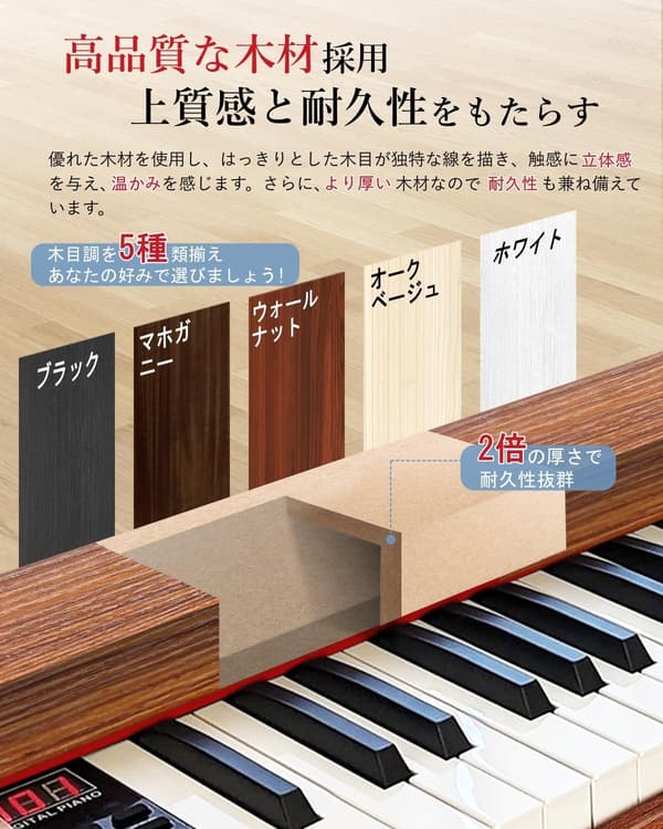 初心者向け 88鍵盤 木製電子ピアノ Longeye MIDI対応 380音色 日本語版説明書 (黒)