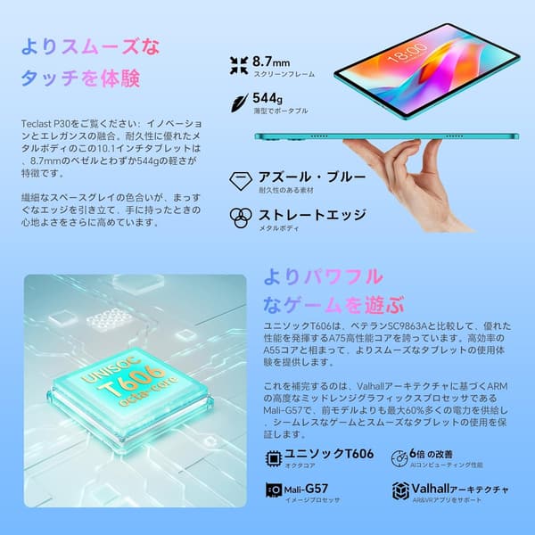 TECLAST P30 10インチタブレット Wi-Fiモデル Android 15 12GB/128GB 拡張1TB 8コアCPU 6000mAh GMS認証