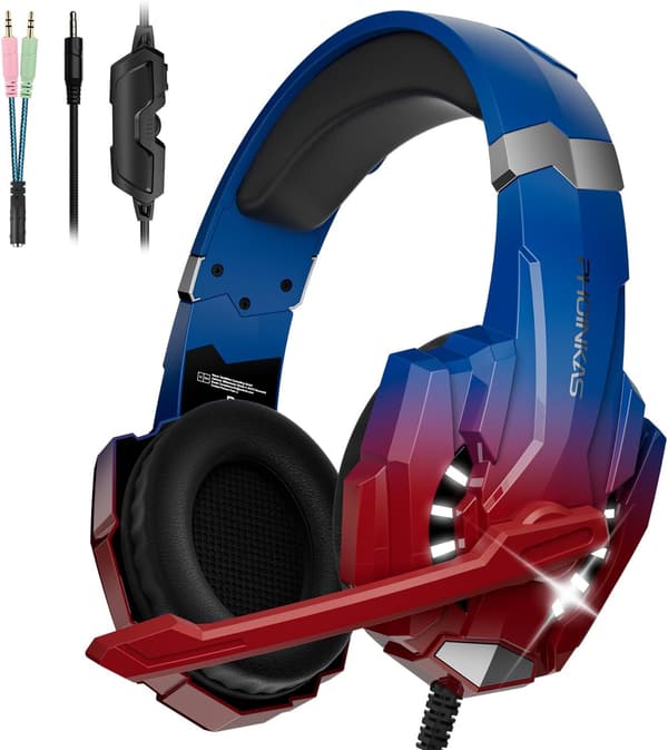 ゲーミングヘッドセット PS4/PS5/Xbox One/PC用 有線軽量 LEDライト付き 重低音マイク【FPS対応】