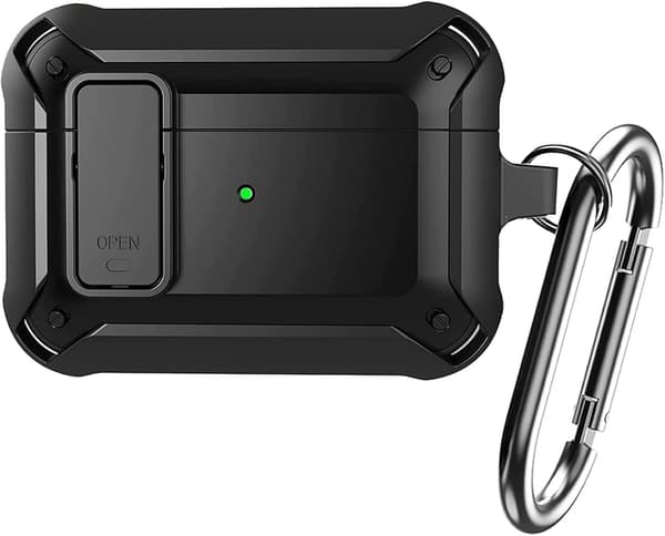 AirPods Pro 第1/2世代 ケース ハードTPU カラビナ付き 黒 衝撃吸収 ワイヤレス充電対応