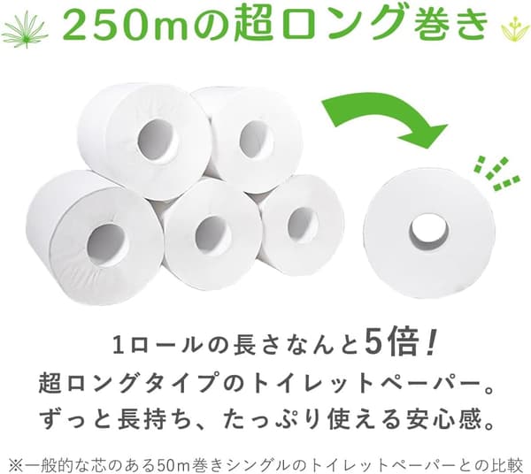 アイリスプラザ 芯なし超ロングトイレットペーパー 250m×4ロール 家庭用