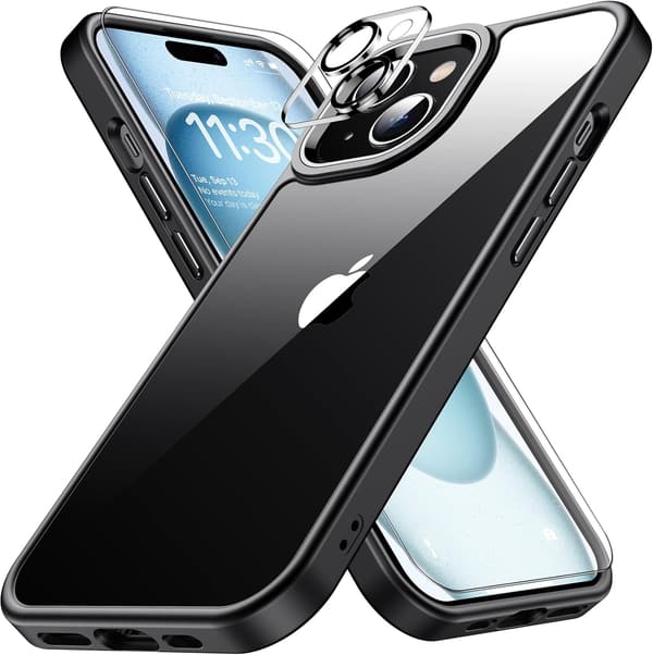 iPhone 15用 ブラック耐衝撃ケース カメラレンズ保護付き ワイヤレス充電対応