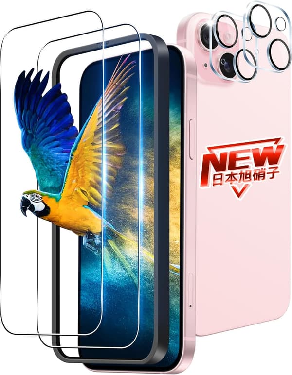 iPhone 15対応 ガラスフィルムセット（2枚）+ レンズ保護フィルム（2枚） 硬度9H 日本旭硝子製 極薄・気泡ゼロ・自動吸着