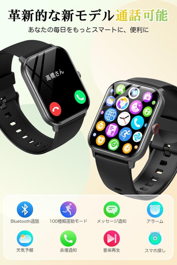 最新スマートウォッチ（Bluetooth5.3対応、1.9インチ大画面、IP68防水）メンズ・レディース向けプレゼント用