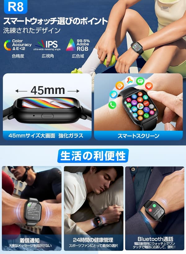 2025新型スマートウォッチ Bluetooth通話機能・活動量計・IP68防水・交換可能バンド