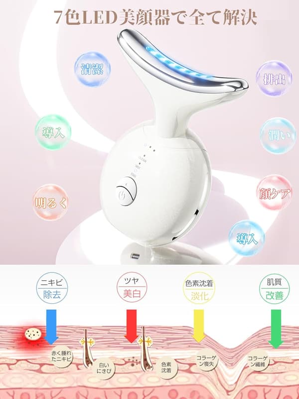 多機能美顔器 EMSリフトケア 7色光エステ USB充電式 ホワイト 男女兼用