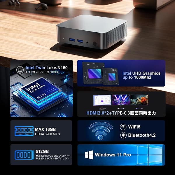 第12世代インテル搭載ミニPC Windows11 Pro 高速DDR4 16GB+512GB 4コア 4K@60Hz 静音タイプ