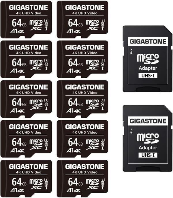 64GBマイクロSDカード10個セット（SDアダプタ付き）4K UHD対応、90MB/S、UHS-I A1 U3 C10