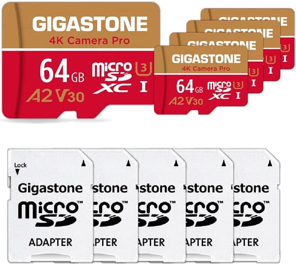 Gigastone 64GB マイクロSDカード A2 V30 5個セット・SDアダプタ付き・UHD 4K動作確認済・95MB/s