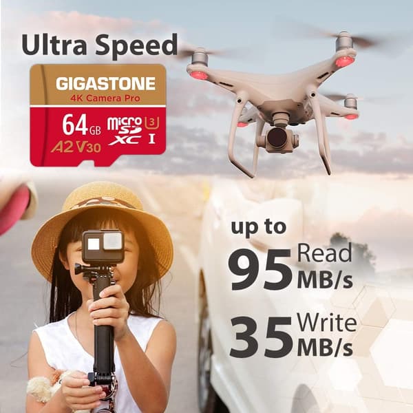 Gigastone 64GB マイクロSDカード A2 V30 5個セット・SDアダプタ付き・UHD 4K動作確認済・95MB/s