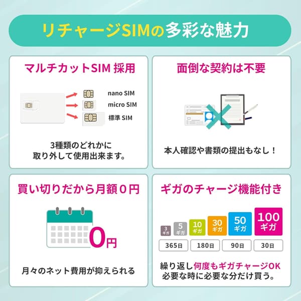 100GB 365日リチャージ可能な物理SIMカード 4G LTE/5G対応 プリペイド 格安SIM