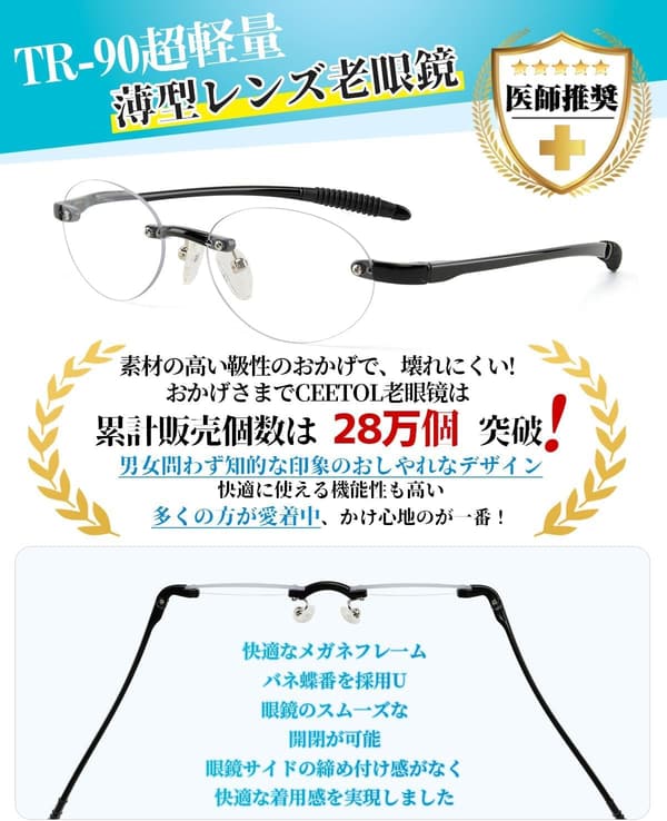 老眼鏡 縁なし おしゃれ メンズ レディース 超薄型ブルーライトカット 使いやすい TR素材 ケース付き