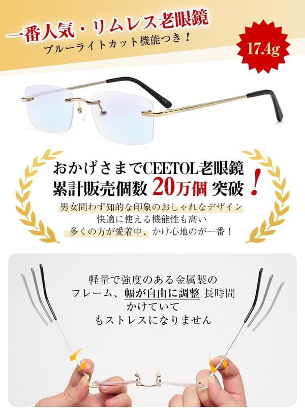ブルーライトカット老眼鏡 メンズ・レディース用 軽量コンパクトフレーム 77016