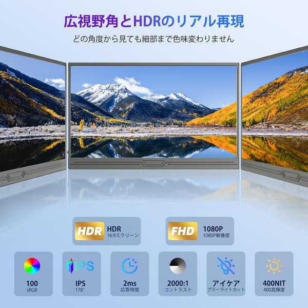 ポータブルゲームモニター 15.6インチ 1080P IPS 薄型軽量 スピーカー内蔵