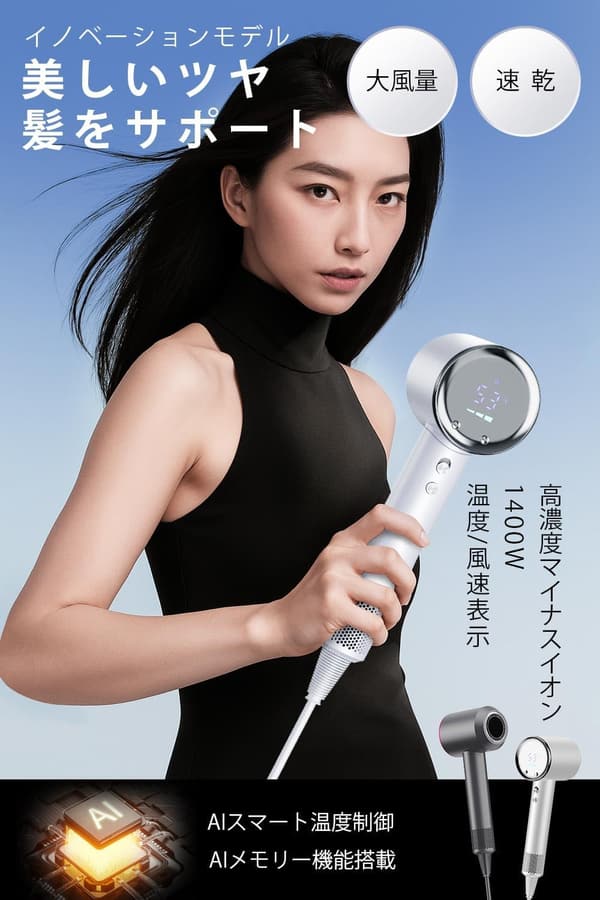 ドライヤー 速乾・高濃度マイナスイオン付き 1400W サロン級【2025先端モデル】