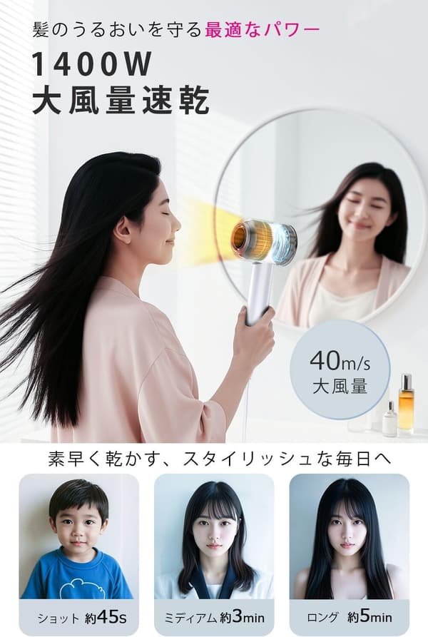 ドライヤー 速乾・高濃度マイナスイオン付き 1400W サロン級【2025先端モデル】