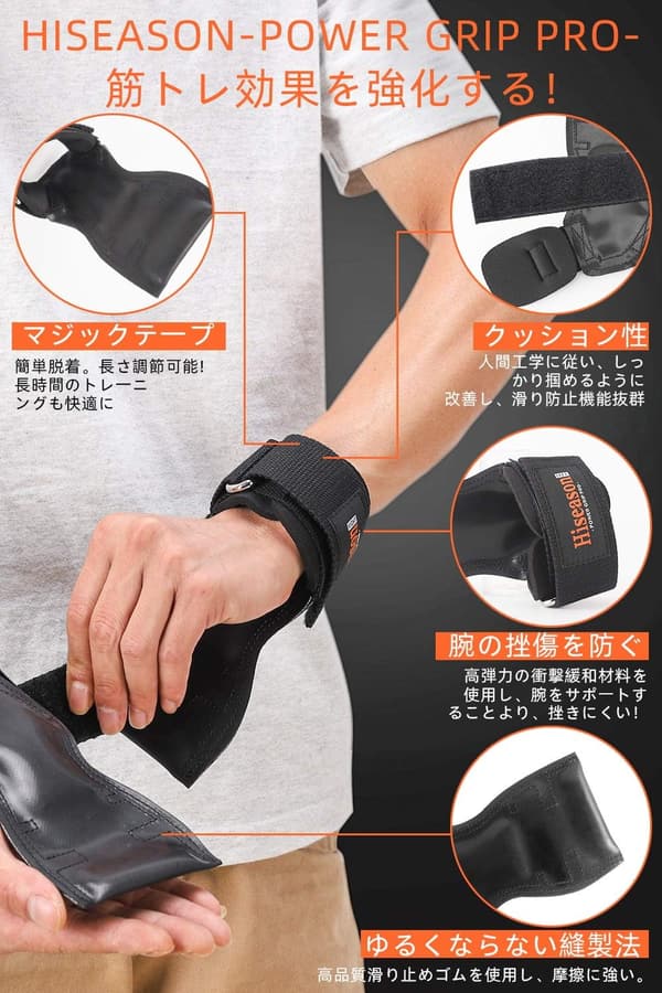 パワーグリップ 強化型ラバー製 筋トレ用滑り止め 握力補助 左右セット 黒