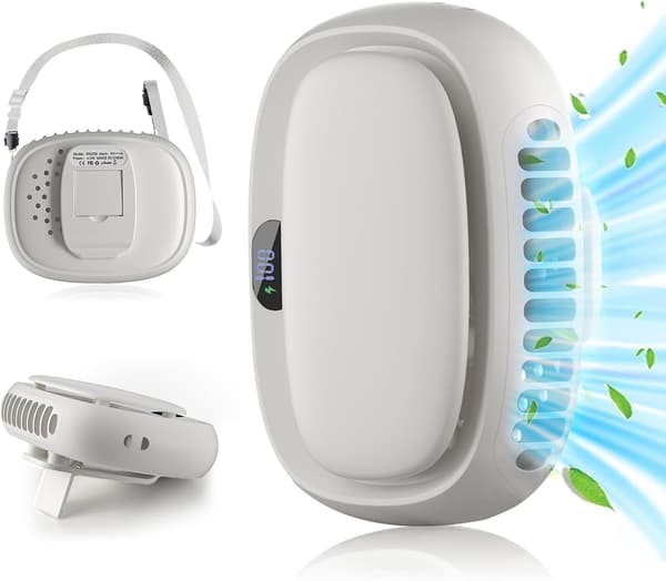 【2025年夏】 1台4役 腰掛け扇風機 ハンディファン 6000mAh LED残量表示 超強風5段階 首掛け/手持ち/卓上対応 旅行用 携帯扇風機 生成（ホワイト）