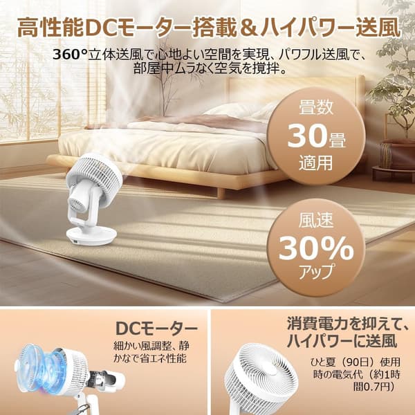 【猛暑対策】静音4Dサーキュレーター 卓上扇風機 DCモーター 360度首振り リモコン操作 省エネ【デスクプレートやリビングに】