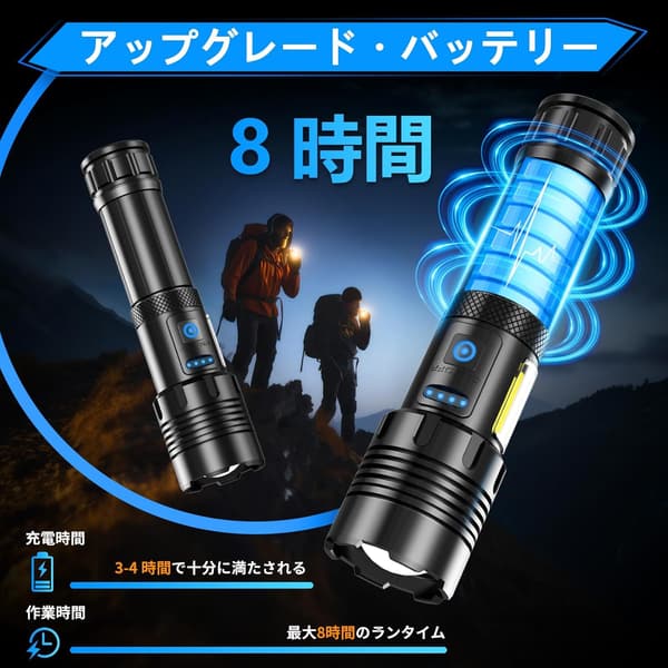充電式強力LED懐中電灯 30000ルーメン IP67防水 ズーム調整可 2個パック