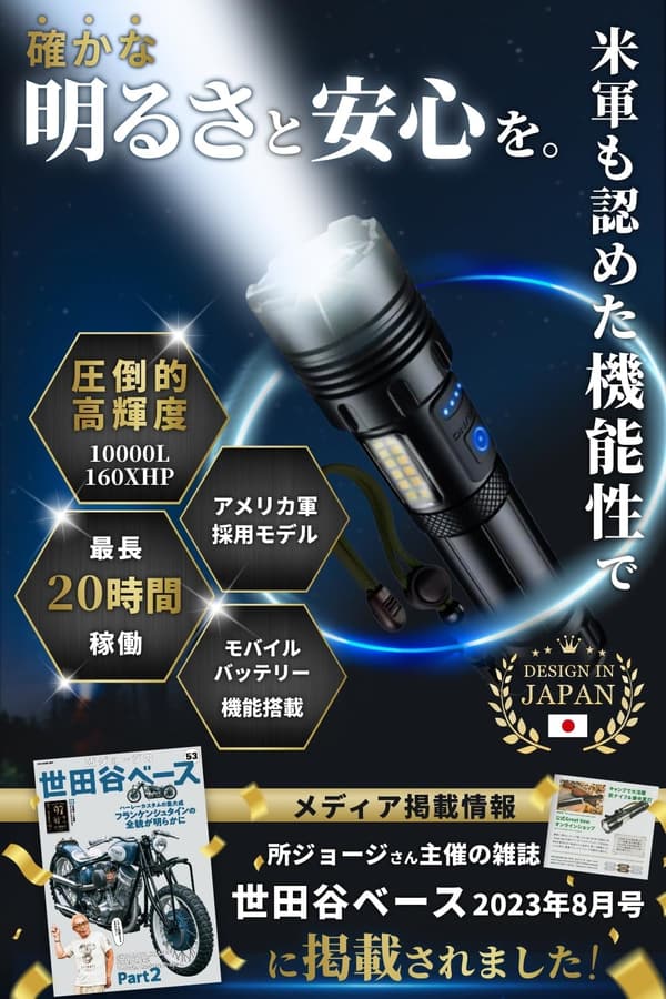強力LED懐中電灯【タクティカルライト・防水IPX7・充電式】