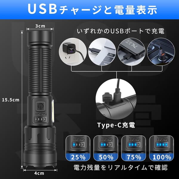 防災用高輝度LED懐中電灯【ハンディタイプ・5000mAh・IPX6防水・7モード調光】