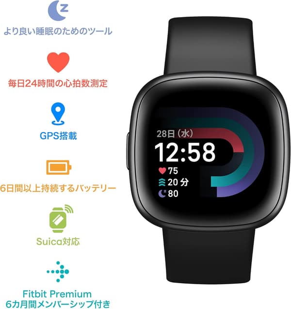 Fitbit Versa 4 スマートウォッチ ブラック | Suica対応・GPS・Alexa搭載・長持ちバッテリー [日本正規品]