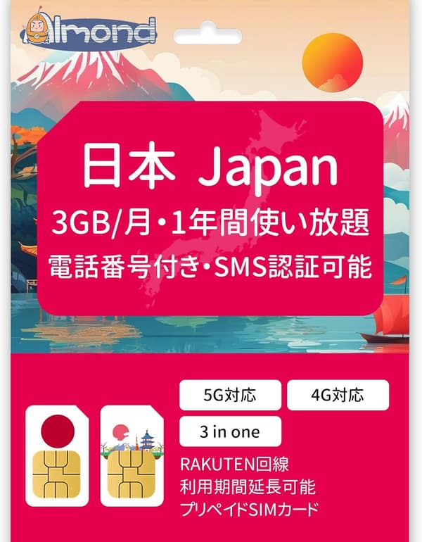 プリペイドSIMカード 日本国内用 3GB高速データ/月 RAKUTEN・au回線 SMS認証対応 1年間有効