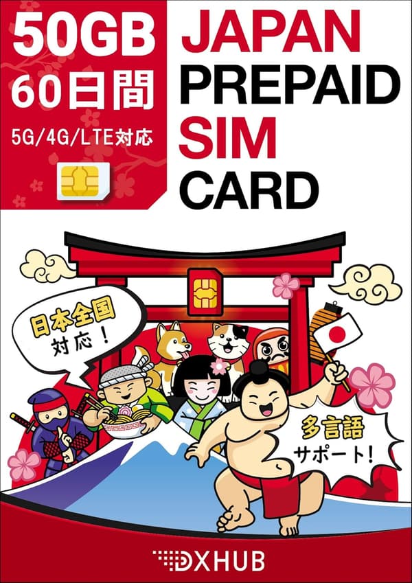 60日間50GB 5G対応日本国内用プリペイドSIMカード