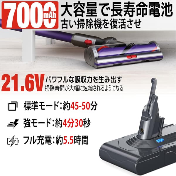 ダイソンV8掃除機対応 大容量7000mAhバッテリー PSE認証 長寿命 一年間保証