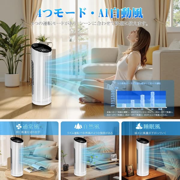 2025年夏新型 AI自動風 DCモーター搭載 タワーファン 羽根なし 静音 省エネ リモコン付き ホワイト