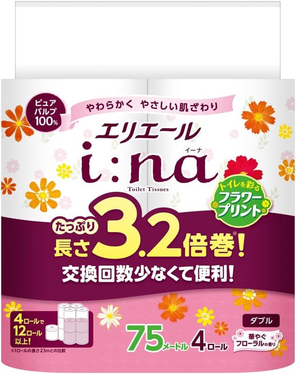 華やかなフローラルの香りのエリエール トイレットペーパー i:na ダブル 3.2倍巻き 75m×4ロール