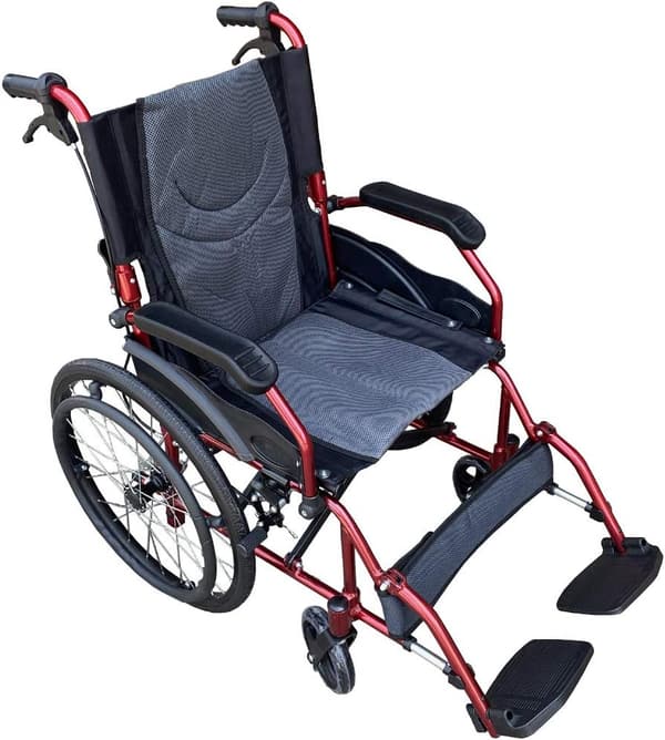 介助ブレーキ付き 自走式折りたたみ車椅子 ワインレッド 座面幅46cm【非課税】