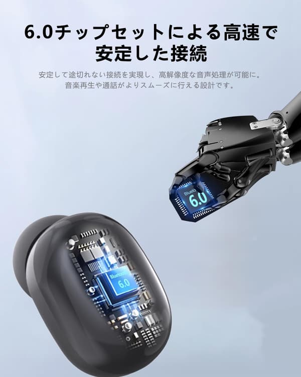 Bluetooth6.0 ワイヤレスイヤホン IPX7防水 最大50時間再生 HIFI音質 低遅延 Type-C急速充電 (04black)