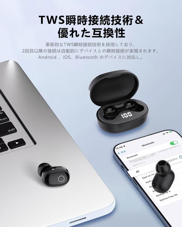 Bluetooth6.0 ワイヤレスイヤホン IPX7防水 最大50時間再生 HIFI音質 低遅延 Type-C急速充電 (04black)