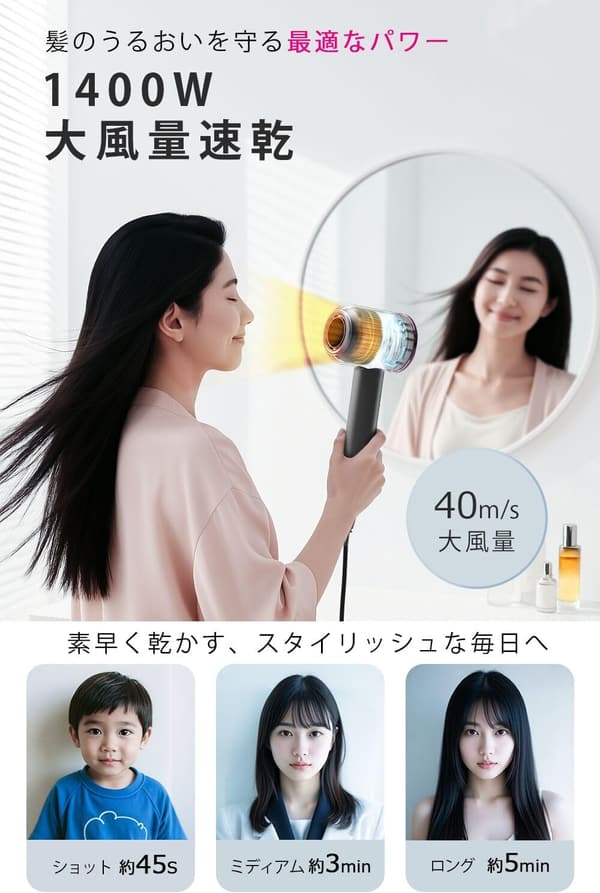2025年先端モデル 大風量1400W ヘアドライヤー 温冷風切替・AIスマート温度制御 高濃度マイナスイオン付き