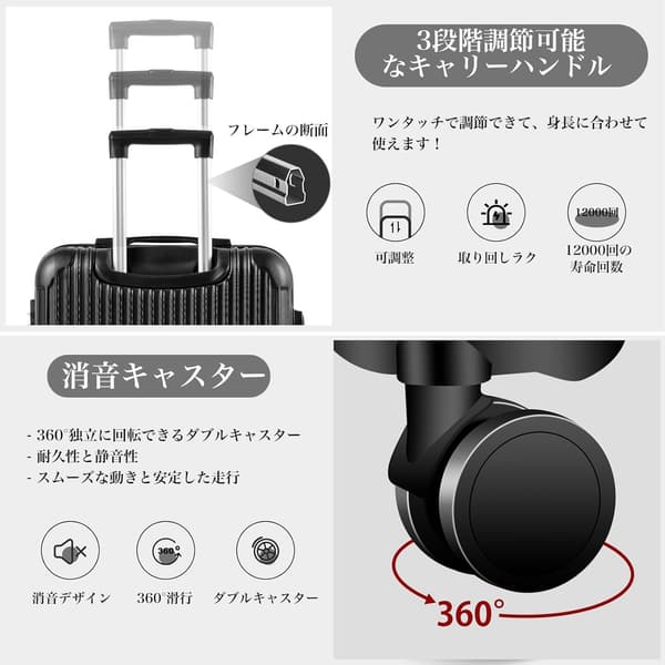 超軽量キャリーケース 小型 ブラック 耐衝撃 TSAロック搭載 360度回転 ファスナー式 ビジネス・旅行用