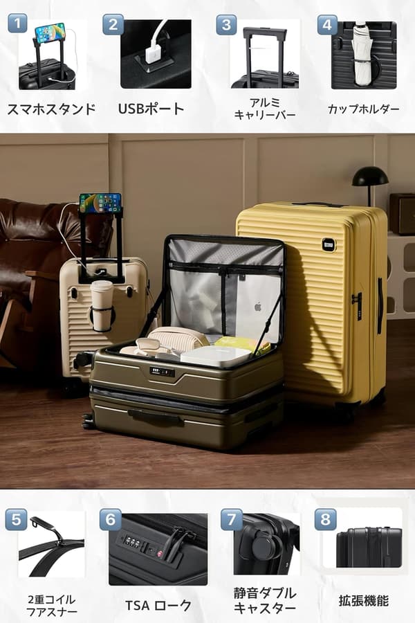 機内持ち込みスーツケース Sサイズ 拡張機能付き 軽量 大容量 グリーン