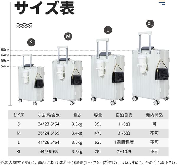 機内持ち込みスーツケース USBポート付き 静音ダブルキャスター 39L (Sサイズ/ホワイト)