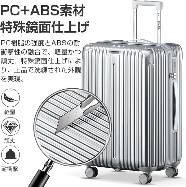 超軽量スーツケース Sサイズ 鏡面加工 360度回転 TSAロック搭載 ビジネス・旅行用 (シルバー)