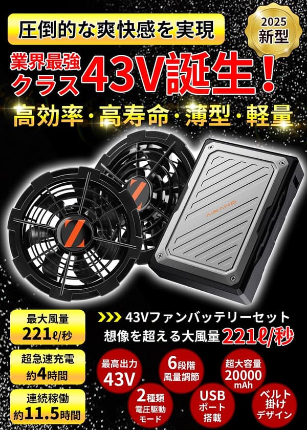 空調作業服ファンバッテリーセット 20000mAh 暑さ対策用 6段階風量調節