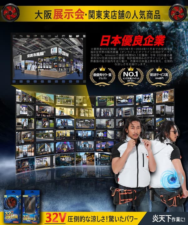 最強冷風服ファン付きベスト日本製ブラシレスバッテリーセット【IP45防水/26段階調整/2.8H充電】
