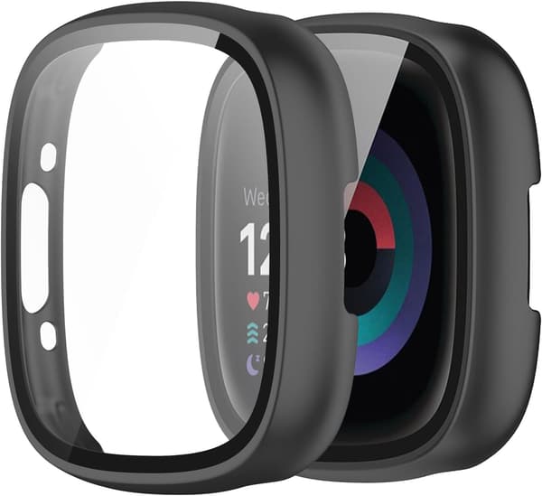 Fitbit Sense 2/Versa 4用全面保護カバー 軽量二重構造 ガラスフィルム一体型（ブラック）