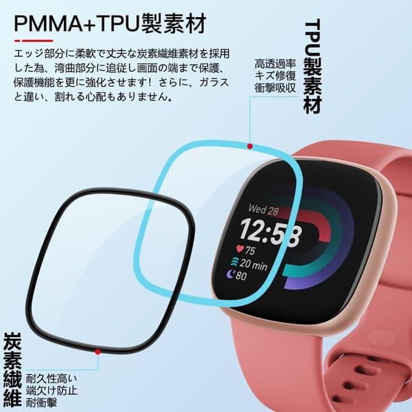 Fitbit Versa4/Sense2対応 3枚セット 液晶保護フィルム 柔軟TPU製 高感度タッチ