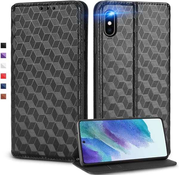 iPhone Xs/X対応 高級合皮手帳型ケース スタンド機能・カード収納・衝撃吸収 (ブラック)