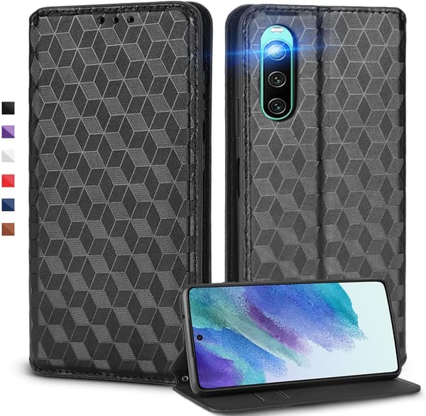 Sony Xperia 10 IV対応 高級合皮手帳型ケース ブラック カード収納・スタンド機能・衝撃吸収・カメラ保護