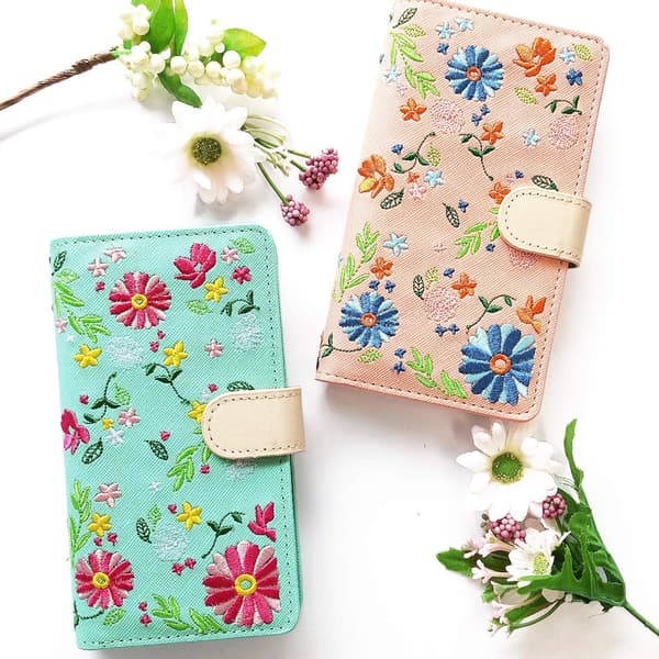 AQUOS wish2 手帳型ケース ヌメ花刺繍 ミント