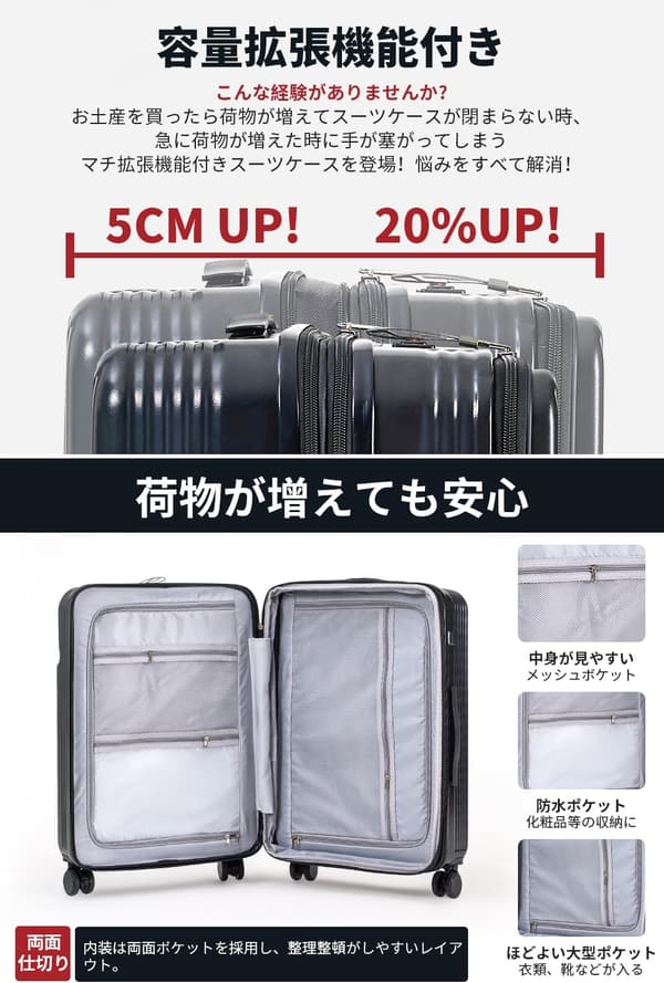 機内持ち込み対応 軽量大容量拡張型キャリーケース Sサイズ グレー